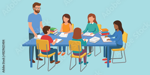 Students studying at table, teacher guiding, group learning session, classroom teamwork, academic discussion, flat design, cartoon style, vector illustration