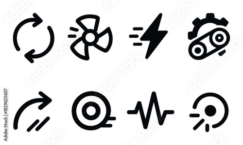 Industrial icons: recycling, energy, engineering, and technology symbols