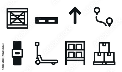 Warehouse logistics icons: crate, arrow, route, watch, trolley, shelf, boxes
