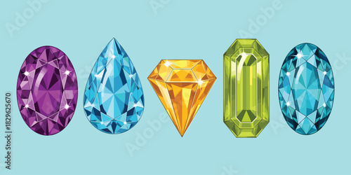 Colorful gemstones vector, sparkling gems, jewel shapes, emerald cut, diamond illustration, crystal stones, vibrant colors, flat design, cartoon style