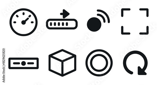 Minimalist black interface icons: speed, download, signal, search, volume, cube, target, refresh