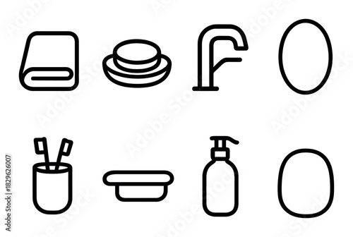 Minimalist bathroom vanity icons: soap, faucet, mirror, toothbrush holder