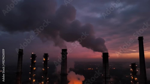 Smog emitting industrial chimneys during an ominous sunset