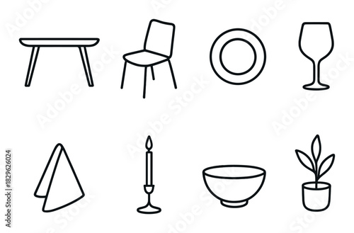 Minimalist dining icons: table, chair, plate, glass, napkin, candle, bowl, plant