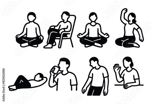 Black silhouettes of people in various activities on brown background