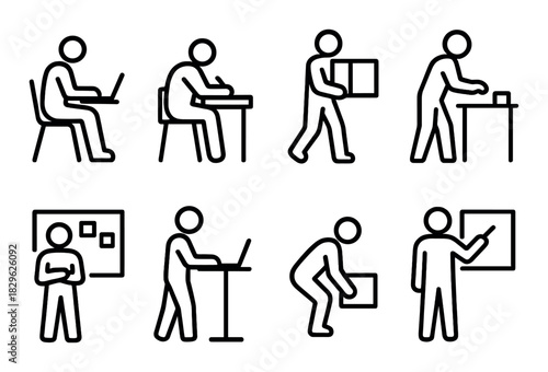 Stick figures depicting various office tasks and activities