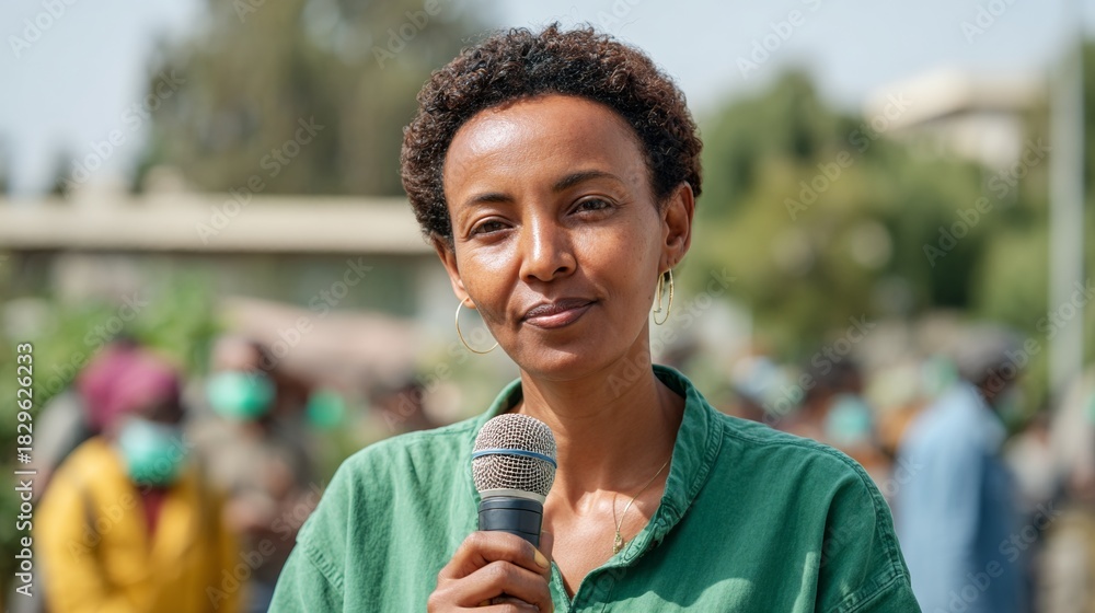 Fototapeta premium Woman speaking at outdoor event.