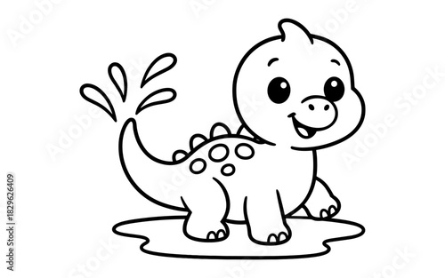 Cute dinosaur splashing in puddle with simple outline style for children's coloring book