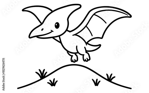Cute cartoon pterodactyl flying over hill in black and white drawing