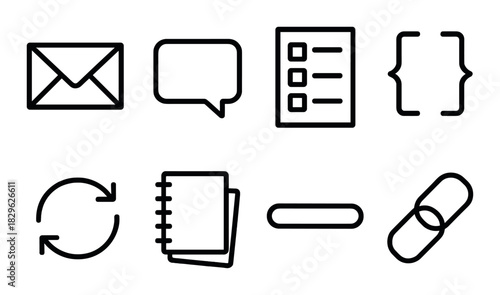 Set of eight minimalistic black interface icons on dark background