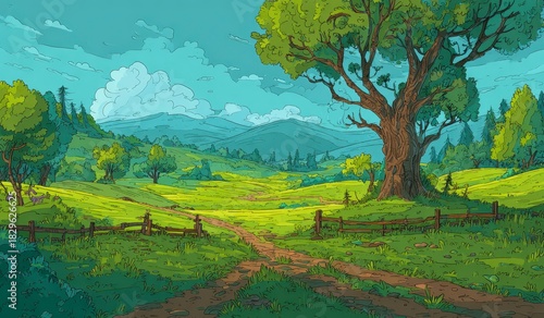 Fototapeta Naklejka Na Ścianę i Meble -  A vibrant, sunny meadow scene with a winding path