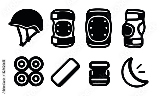 Silhouette of skateboarding safety gear set on dark background