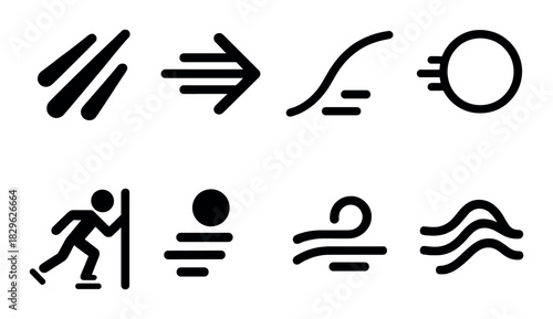 Simple black icon set on gray background featuring various symbols