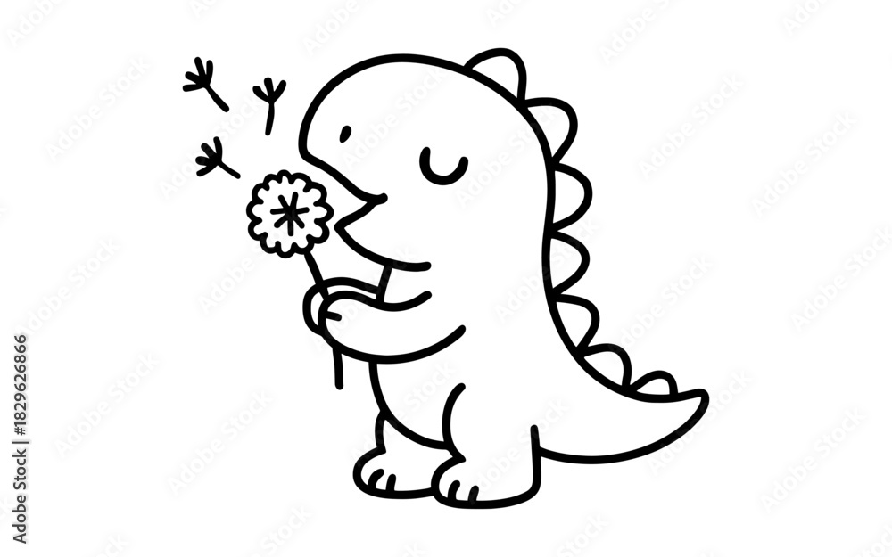 Fototapeta premium Cute dinosaur enjoying dandelion in simple black and white line art