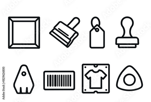 Minimalist icon set: frame, brush, tag, stamp, shirt, iron, tag, barcode