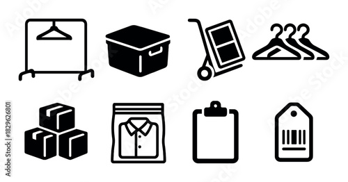 Black silhouette icons: clothing, storage, logistics, retail on dark background