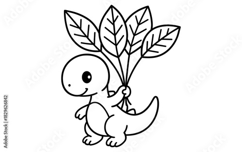 Cute cartoon dinosaur holding leaves outline art for kids coloring