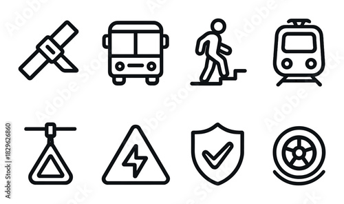 Public transportation symbols: bus, train, pedestrian, and safety icons on dark background