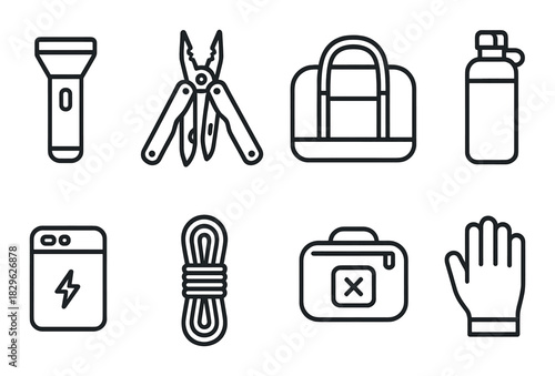Survival gear icons: flashlight, multi-tool, bag, water bottle, power bank, rope, first aid kit, gloves