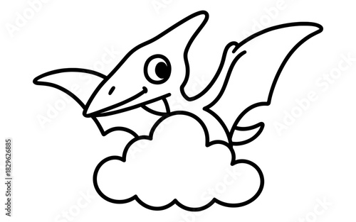 Cute pterodactyl outline soaring above clouds in fun cartoon style