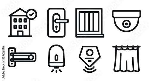 Home security icons set on dark background: lock, camera, alarm, sensor