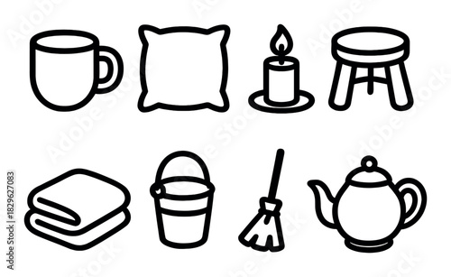 Household icon set: mug, pillow, candle, stool, blanket, bucket, broom, teapot