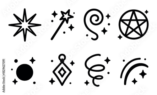 Magical symbols: star, wand, spiral, pentagram, circle, diamond, swirl, rainbow