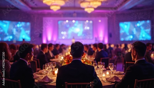 People at a formal dinner event in a banquet hall. Guests sit at tables set for a meal. A large screen displays graphics. Elegant lighting sets a sophisticated mood.