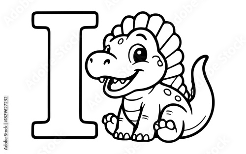 Cute dinosaur with alphabet letter i coloring page for kids