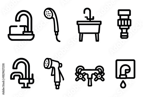 Collection of plumbing icons: faucets, showerheads, sinks, and pipes