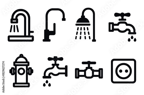 Silhouettes of plumbing fixtures and water icons on striped dark background