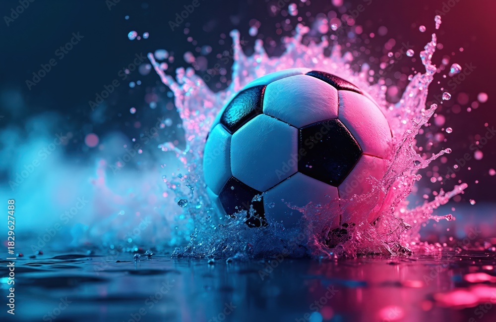 Fototapeta premium Soccer ball splashes vibrant neon liquid water. Dynamic sport action frozen mid-air, with bright blue and pink glowing hues. Energetic wet motion.