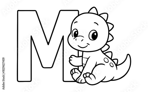 Cute dinosaur with letter m for kids coloring book page or learning material