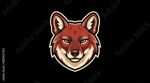 Illustration of a fox head design with a smiling face on a black background for emblem use