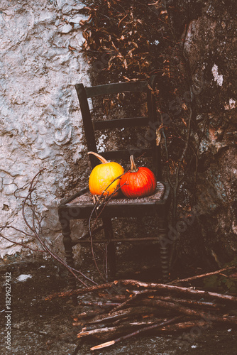 pumpkins on chair, Halloween decorations