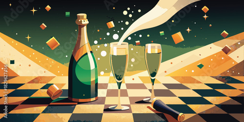 Champagne bottle and glasses celebrating a festive occasion with confetti