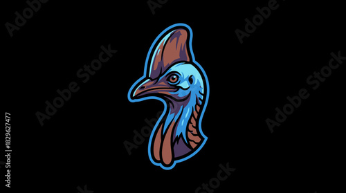 Illustration of a Cassowary Bird Head with Blue and Brown Feathers on a Black Background