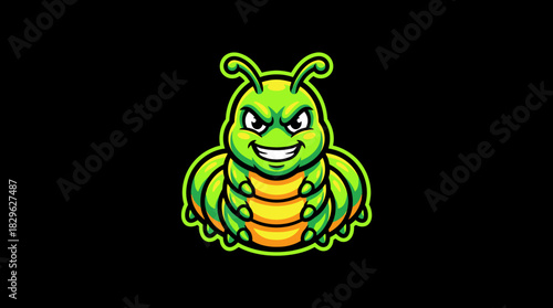 Playful Caterpillar Mascot Logo A Green and Yellow Insect with a Gleeful Expression and Friendly Design