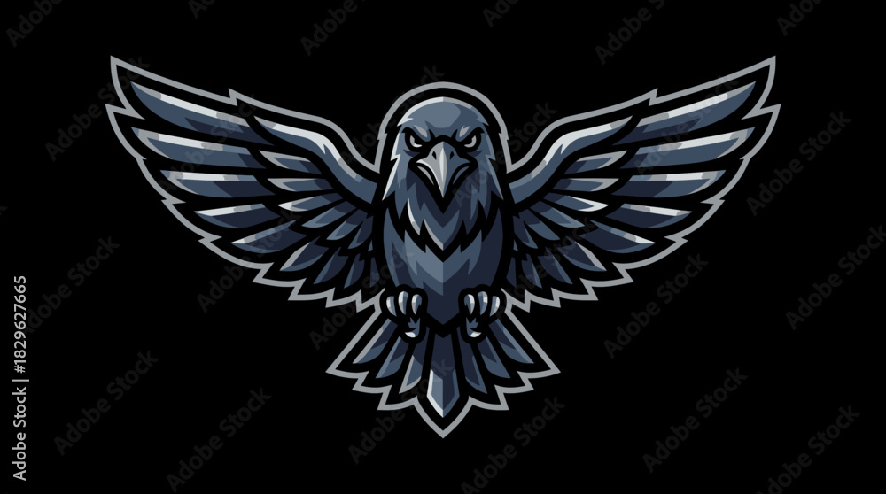 Obraz premium Dark Raven Bird Emblem Silhouette Vector Illustration on Black Background