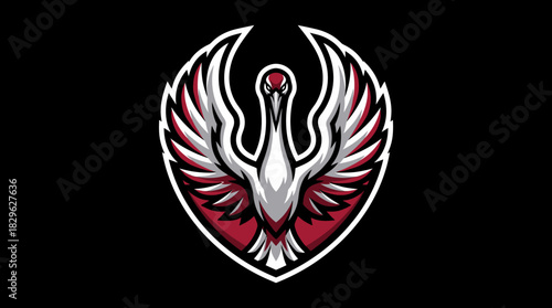 Dynamic winged creature emblem in bold red, white, and black hues, showcasing power and grace in a striking visual design