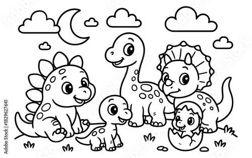 Cute dinosaur coloring page for kids featuring cartoon dinosaurs in a fun scene