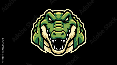 Vibrant green alligator mascot emblem with a fierce gaze, showcasing power and wild strength in a captivating visual design