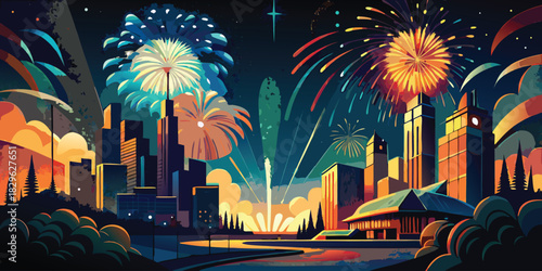 Vibrant city skyline illuminated by a dazzling fireworks display at night