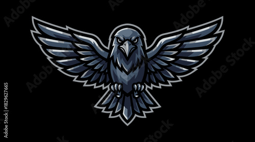 Dark Raven Bird Emblem Silhouette Vector Illustration on Black Background