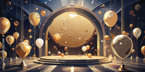 Elegant golden stage with balloons and spotlight for celebration