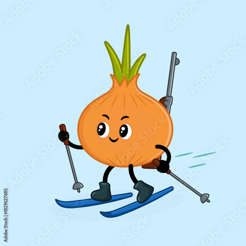 Cartoon onion character skiing and biathlon shooting
