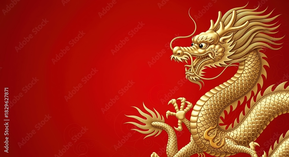 Obraz premium Golden dragon with detailed scales on bright red background. Perfect for Chinese New Year cards, festival decorations, or Asian culture projects. Dragon shows traditional style with flowing mane.