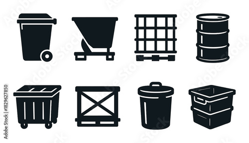 Industrial waste containers and recycling bins icons on dark background
