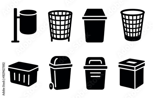 Set of silhouetted trash cans in various shapes and designs