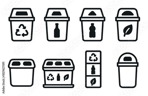 Set of eight recycling icons on black background with various waste symbols